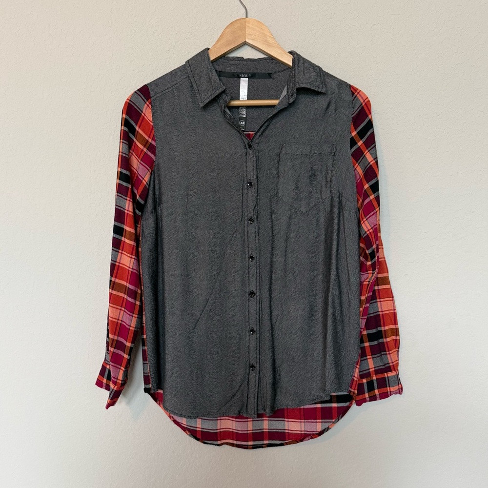 Kensie Chambray Denim Front Plaid Sleeve Button Down